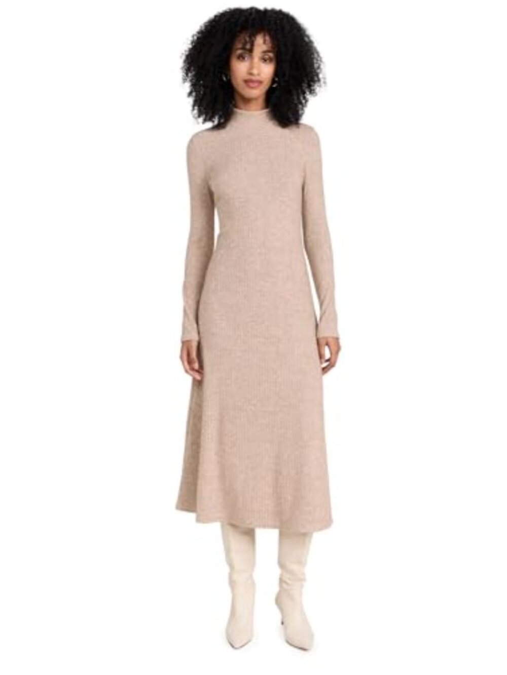 Long Sleeve Mock Neck A-Line Dress Nylon Blend Casual Knee-Length
